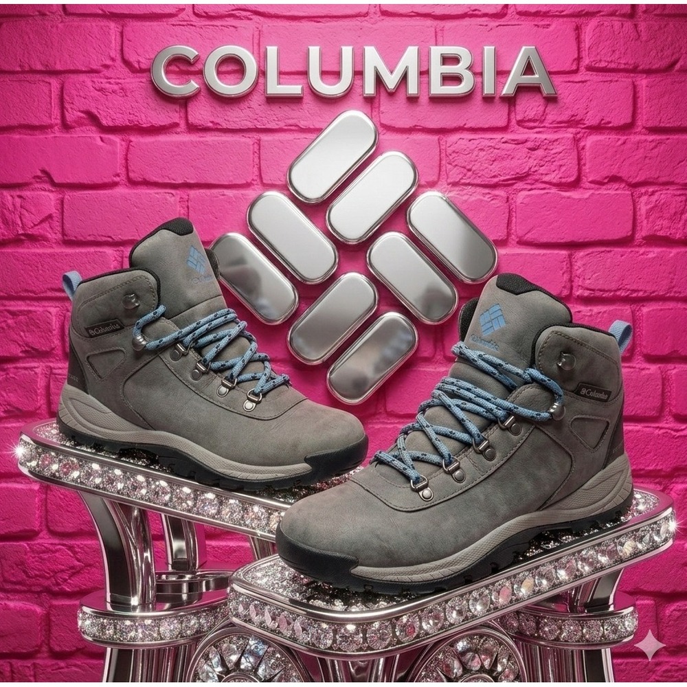 🔥Columbia Newton Ridge🩷🩶💙 Plus Waterproof Hiking Boots Grey Blue Womens 7